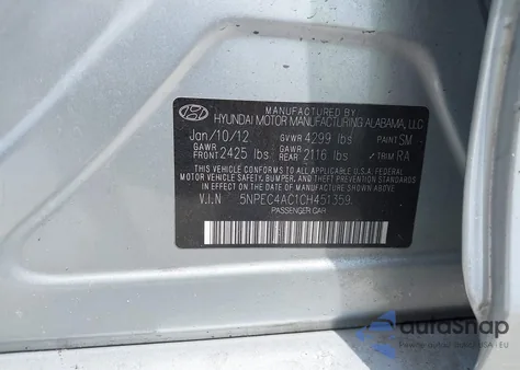 2012 Hyundai Sonata Se z USA, uszkodzony, nr VIN 5NPEC4AC1CH451359